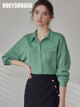 ROEYSHOUSE Women's green satin shirt autumn new commuter shirt lapel long-sleeved blouse